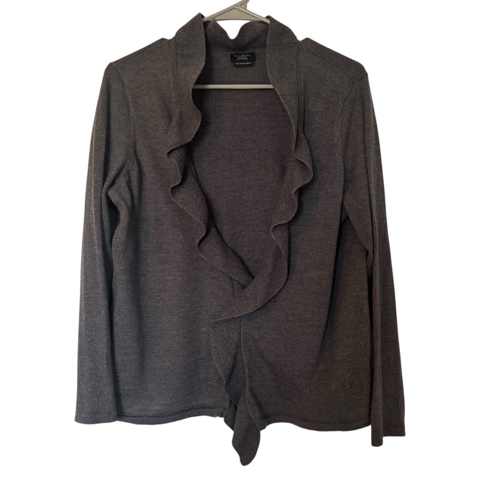 Talbots Women's 100% Wool Gray Ruffle Front Petite Large Cardigan